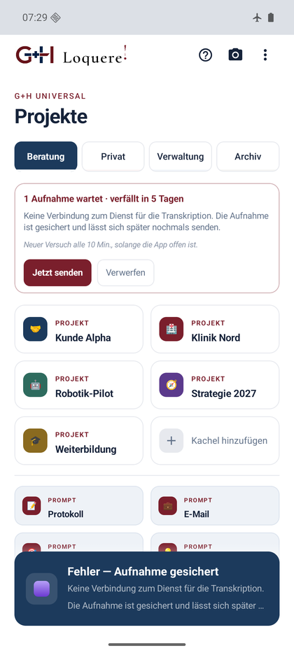 Hinweis in der App, dass eine Aufnahme wartet und später gesendet werden kann