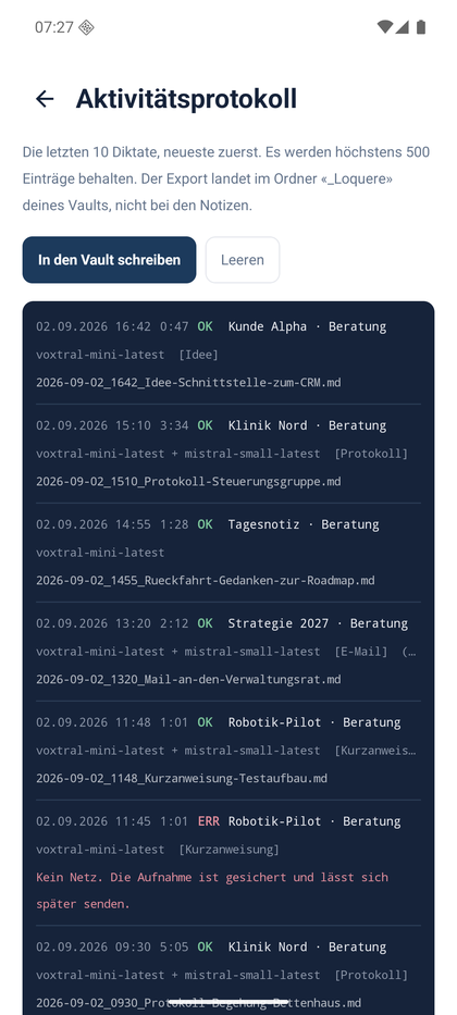 Aktivitätsprotokoll mit Zeitpunkt, Dauer, Ziel und Ergebnis je Diktat