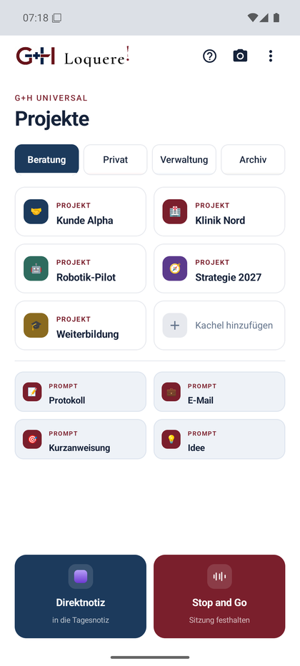 Start-Screen mit Projektkacheln, Vorlagen und den beiden Knöpfen für Direktnotiz und Stop and Go